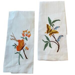 Linen Butterfly Embroidered Fingertip 2 Towels Portugal Cottage Core Fairy Core